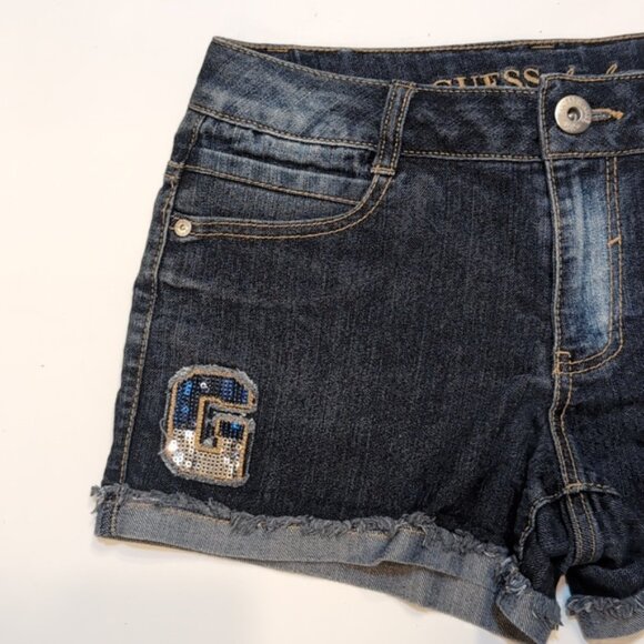3/$20 Guess Denim Shorts Cuffed Raw Hem Sequin Monogram Logo Faded Jeans - Picture 2 of 9